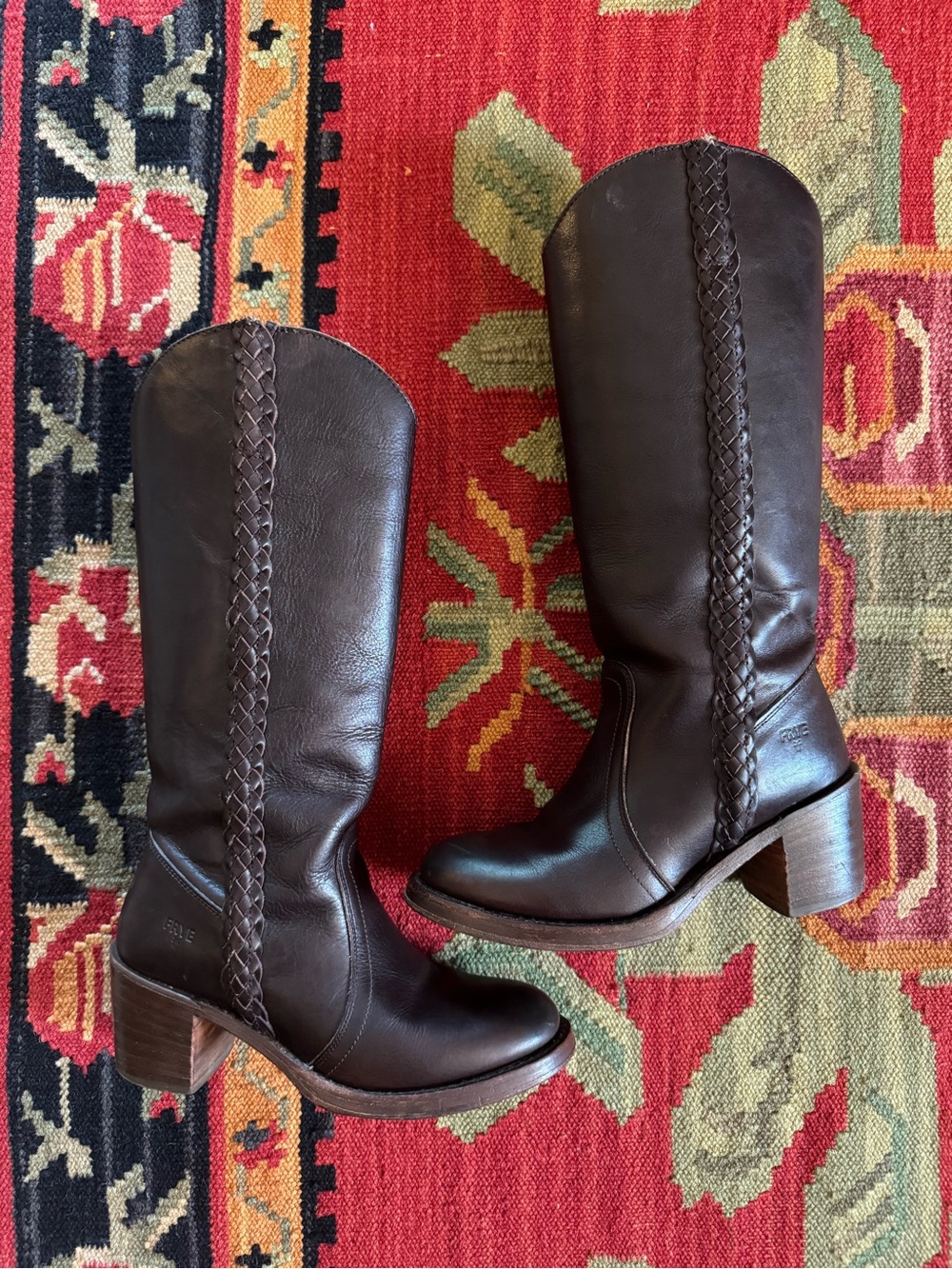 Vintage Frye Sabrina Tall Dark Brown Braided-Trim Campus Leather Boots 77720